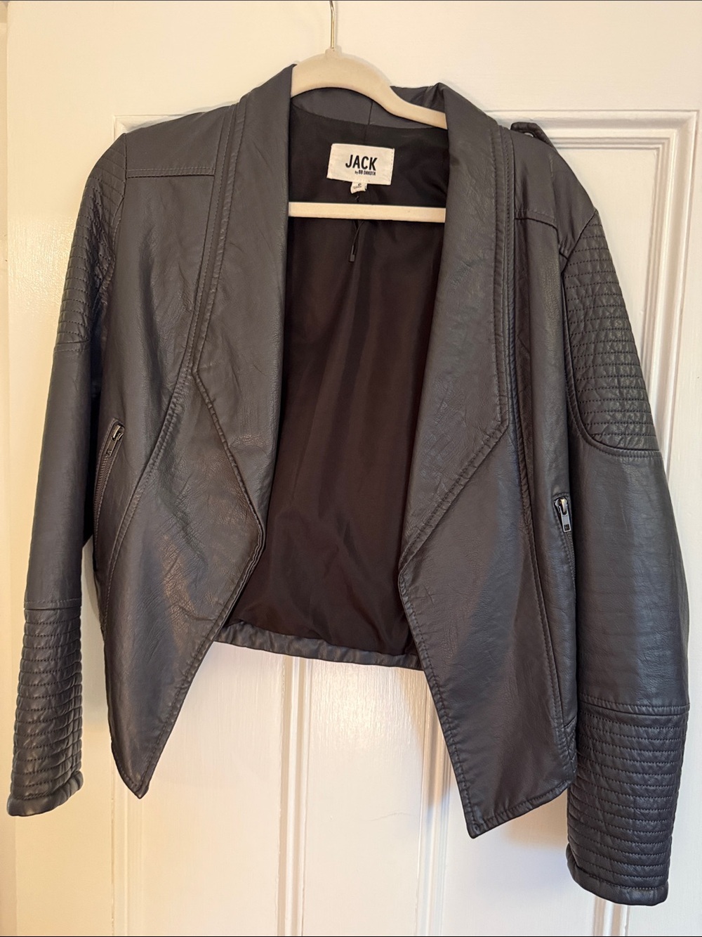 Jack by BB Dakota Charcoal Black Faux-Leather Slight Cropped Draped Moto Jacket